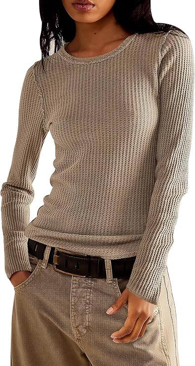 Jar of Love Long Sleeve Shirts for Women Waffle Knit Tops Crew Neck Thermal Shirts Fall Outfits Fahsion Clothes