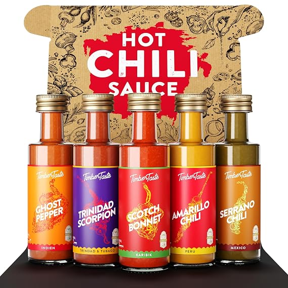 TIMBER TASTE Hot Sauce World Sampler Set - 5 Exotic Chili Condiments Trinidad Scorpion Scotch Bonnet Serrano Amarillo Ghost Pepper | Hot Variety Pack Mini Bottles - Birthday Gift for Him Her