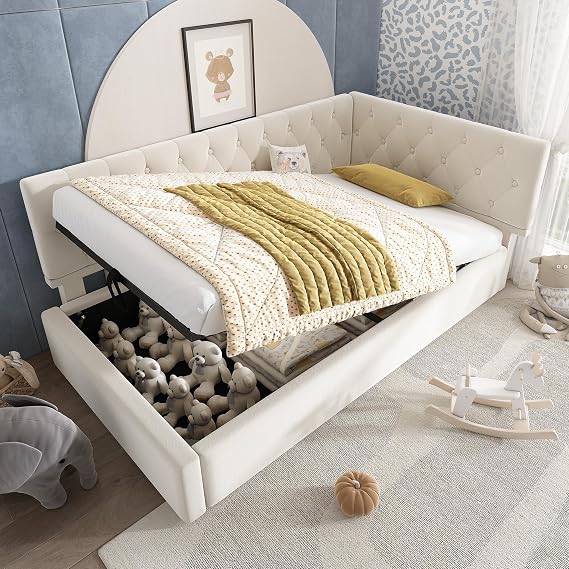Daybed Upholstered Bed with Storage, 3FT Single Sofa Bed 90 x 190 cm, Ottoman Bed with Hydraulic Storage, Metal Slatted Frame, Velvet, No Mattress (Beige)