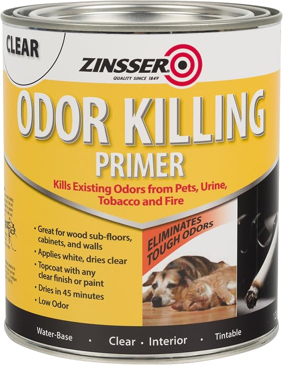 Rust-Oleum Zinsser 307648 Odor Killing Primer, White, Quart | Zinsser Odor Killing Primer, Quart. Water-base primer seals in smoke, pet & musty odors and blocks stains on walls.