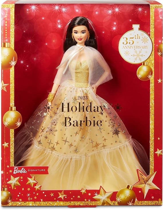 Barbie Signature 2023 Holiday Doll, Black Hair Wearing Golden Gown, Collectible with Doll Stand & Certificate of Authenticity