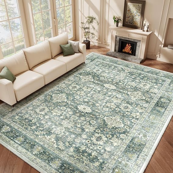 HOMFINE Machine Washable Rug 10'x14' - Vintage Design Area Rugs with Non Slip Rugs for Living Room Bedroom Floral Print Rug Carpet Stain Resistant, Home Decor Office Area Rug, Green