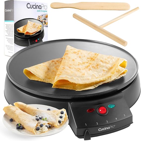 CucinaPro 12" Crepe Maker, Non-Stick Electric Griddle Pan w Batter Spreader