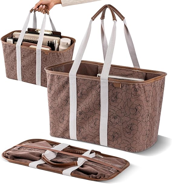 CleverMade Collapsible Tote LUXE, 30L Structured Tote Bag with Handles | Pack It All Without the Floppy-Bag Fight | Steel Rim Stays Open, Soft Grips Carry 30 lb, and Tote Folds to 1.5 Inches