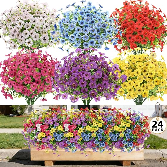 24 Bundles Artificial Flowers for Outdoors, UV Resistant Spring Daisy