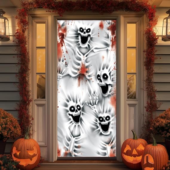 JOYIN 30x72 Halloween Door Cover Decorations Indoor Creepy Skeleton, Haunted House Stickers Party Supplies Favors Garage Window Wall