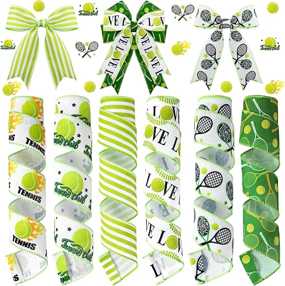 Juexica 6 Rolls 30 Yards Tennis Wired Edge Ribbon Sports Ball Burlap Green White Stripes Ribbons Party Decorative for Bow Sewing Wreath Sport Events DIY Crafts Gift Wrapping Home Decor