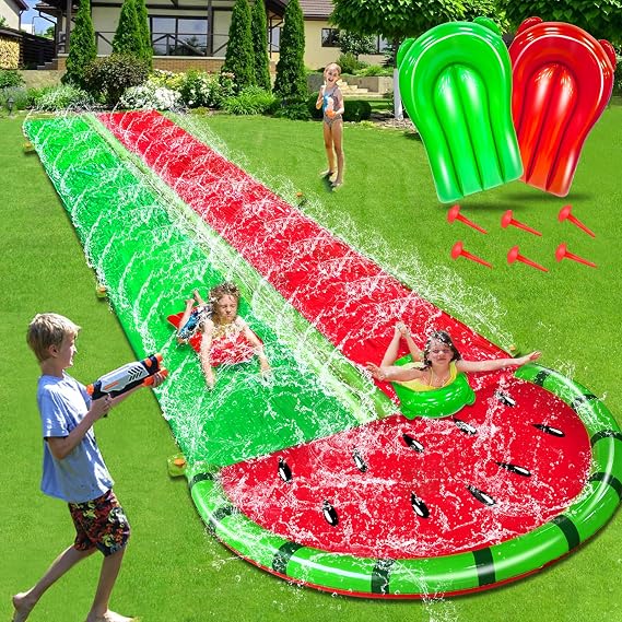 [ 3 Sided Safe Fence ] Watermelon Lawn Water Slides with 2 Bodyboards for Kids Adults, Heavy Duty Water Toys Sprinkler 2 Race Lane Outdoor Summer Beach Swimming Pool Water Game Party, 20 x 5.6 ft
