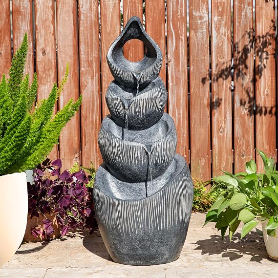 Glitzhome Water Fountain Outdoor, Outdoor Fountain with Lights & Pump, 34"H 4-Tiered Cascading Zen-Style Alms Bowl Polyresin Floor-Standing Waterfall Water Feature for Garden, Patio, Yard, Deck Decor