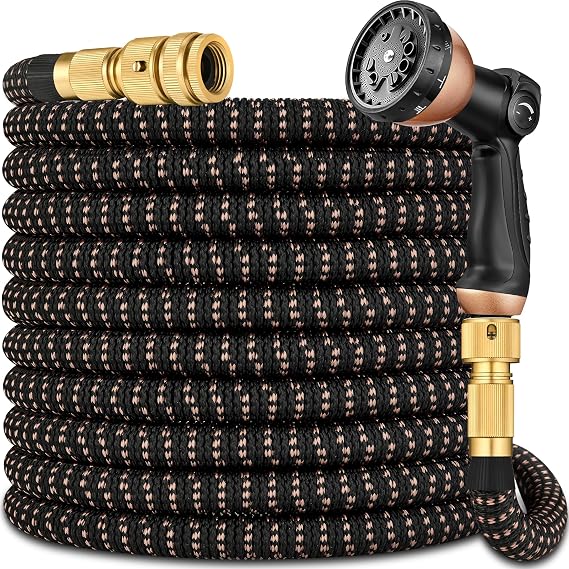 Expandable Garden Hose Pipe 50FT(15m), Flexible Water Hose w/10 Function Spray Gun & 2-in-1 Valve Quick Fittings, Lightweight, Durable, Kink-Free, Heavy Duty Expanding Hosepipes for Garden(BlackGold)