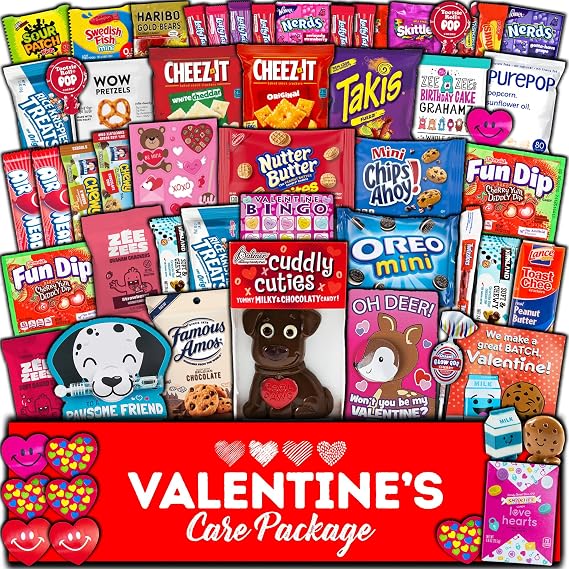 Valentine's Day Gift Care Package (50ct) Snacks Chocolates Candy Box Assortment Variety Bundle Present Kids Adults Boy Girl Guy Friend College Husband Wife Boyfriend Girlfriend Love