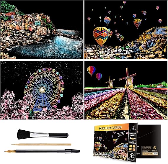 4-Sheet Rainbow Scratch Art with Tools for Adults & Teens, A4 Scenic Design