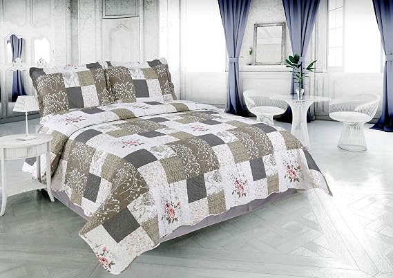 Marina Decoration Rich Printed Embossed Pinsonic Coverlet Bedspread Ultra Soft 3 Piece Summer Quilt Set with 2 Quilted Shams, Rose Floral and Branch Plaid Pattern Taupe Grey Color King Size