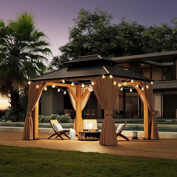 10' x 12' Outdoor Wood Gazebo with Double Galvanized Steel Roof
