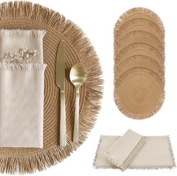 Decorative Boho Table Placemats Set of 6 with Matching Linen-Textured Napkins - Beautiful Natural Decor Elevates Your Dining Room or Kitchen Setting - Easy to Style & Mix with Linen Inspired Material