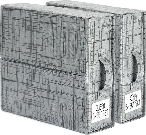 SUOCO SheetCube Bed Sheet Organizers and Storage 2 Pack, Foldable Linen Closet Organizer, Bedding Folder Storage Box Container for Blanket, Duvet Cover Set, Bed Sheet Set - Pattern Grey