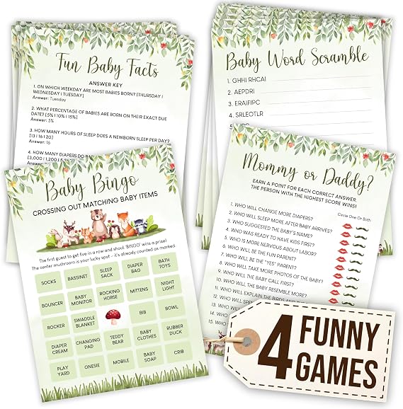 WOODAMORE Woodland Baby Shower Games for Boy, Forest 4 Game Card Set