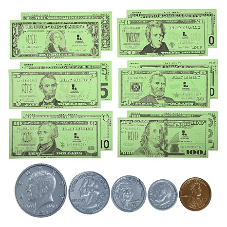 LEARNING ADVANTAGE Play Money Set, 100 Bills and 94 Coins | Pretend Money Designed Like Real Currency, Count Change With Toy Money