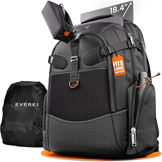 EVERKI Business 120 Laptop Backpack 40L with Rain Cover - Large Compartment Fits Up To 18.4 Travel Friendly Lightweight Business &amp; Office Bag 180° Fold-Out Design Multiple Padded Pockets Black