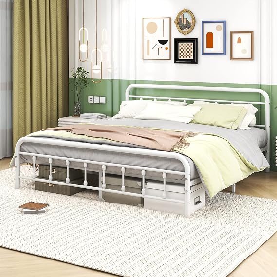 King Size Bed Frame with Headboard, Metal Bed Frame King Size/No Box Spring Needed/Heavy Duty/Steel Slat Support Mattress Foundation/Easy Assembly/White
