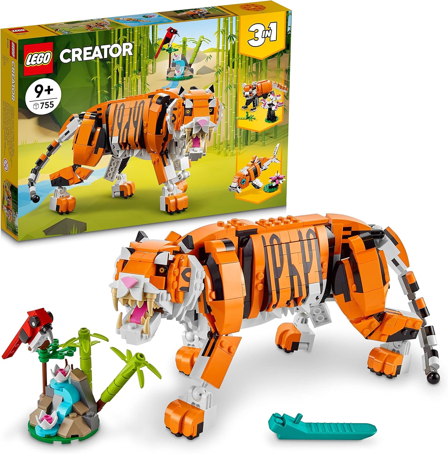 LEGO Creator 3’ü 1 In-1 Gorgeous Tiger 31129 – Birthday Gift Idea for Girls and Boys 9 Years Old and Over, Creative Toy Making Set Featuring Tiger, Red Panda and Koi Fish 755 Pieces