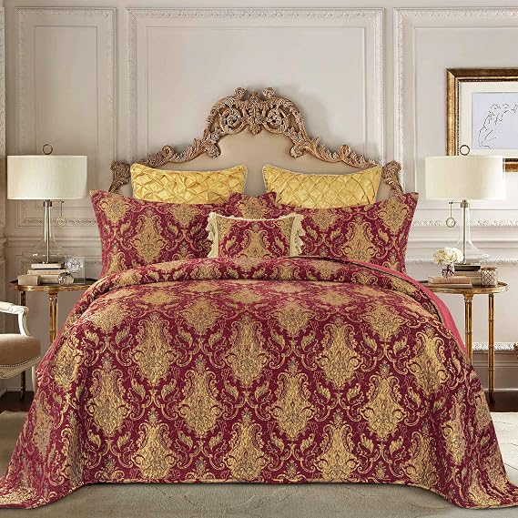 Loom and Mill 3 Piece Classic Damask Quilt Set, Red, King