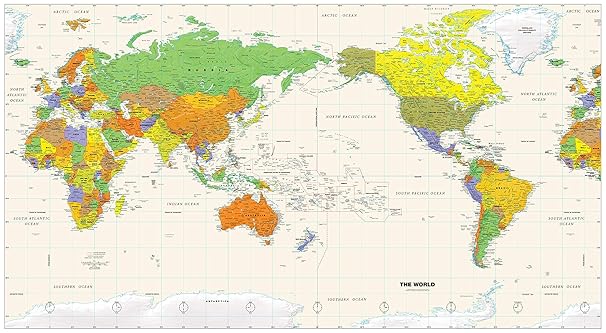 Pacific-Centered World Wall Map - 61" x 33.5" Rolled Canvas