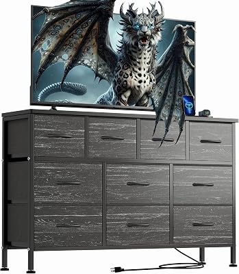 Dresser TV Stand with Power Outlet, 43 Long Dresser for Bedroom with 10 Fabric Drawers, Chest of Drawers for Living Room, Hallway Black Wood Veins