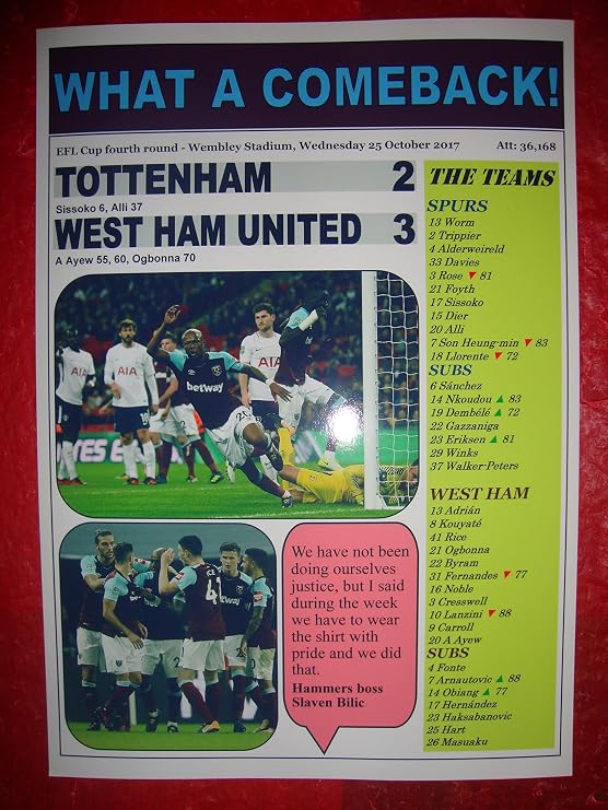 Tottenham Hotspur 2 West Ham United 3 - 2017 EFL Carabao Cup - souvenir print