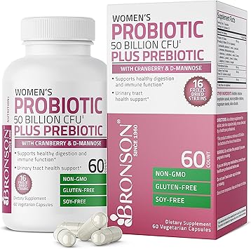 Bronson Womens Probiotic 50 Billion CFU  Prebiotic with Cranberry & D-Mannose Vaginal Health, Healthy Digestion, Immune Function and Urinary Tract Support, Non-GMO, 60 Vegetarian Capsules