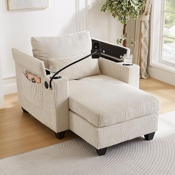 Corduroy Convertible Chaise Lounge Sofa, Modern 37.4" W Sleeper Sofa Bed with USB Ports, 2 Cup Holders, Phone Holder and Storage Armrests for Living Room Home Office (Beige-1 Seat)