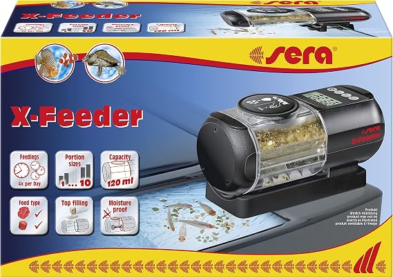 sera 32595 X-Feeder a comfortable feeder for flakes and granules in the aquarium it feeds the right amount on time up to 4 feedings with the 120 ml food storage container black