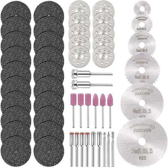 53pcs Cutting Wheel Set for Rotary Tool, GOXAWEE 18 Shank 545 Diamond Cutting Wheel, Mini HSS Cut Off Saw Blades, Resin Cutting Discs with Mandrels for Stone Wood Metal