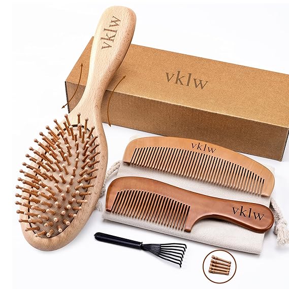 Wooden Hair Brush and Comb, One-piece Design, Reduce Frizz and Static, Massage Scalp, Detangling Paddle Hairbrush for Women, Girls, Kids, Includes Cleaning Claw, 5 Wood Bristles