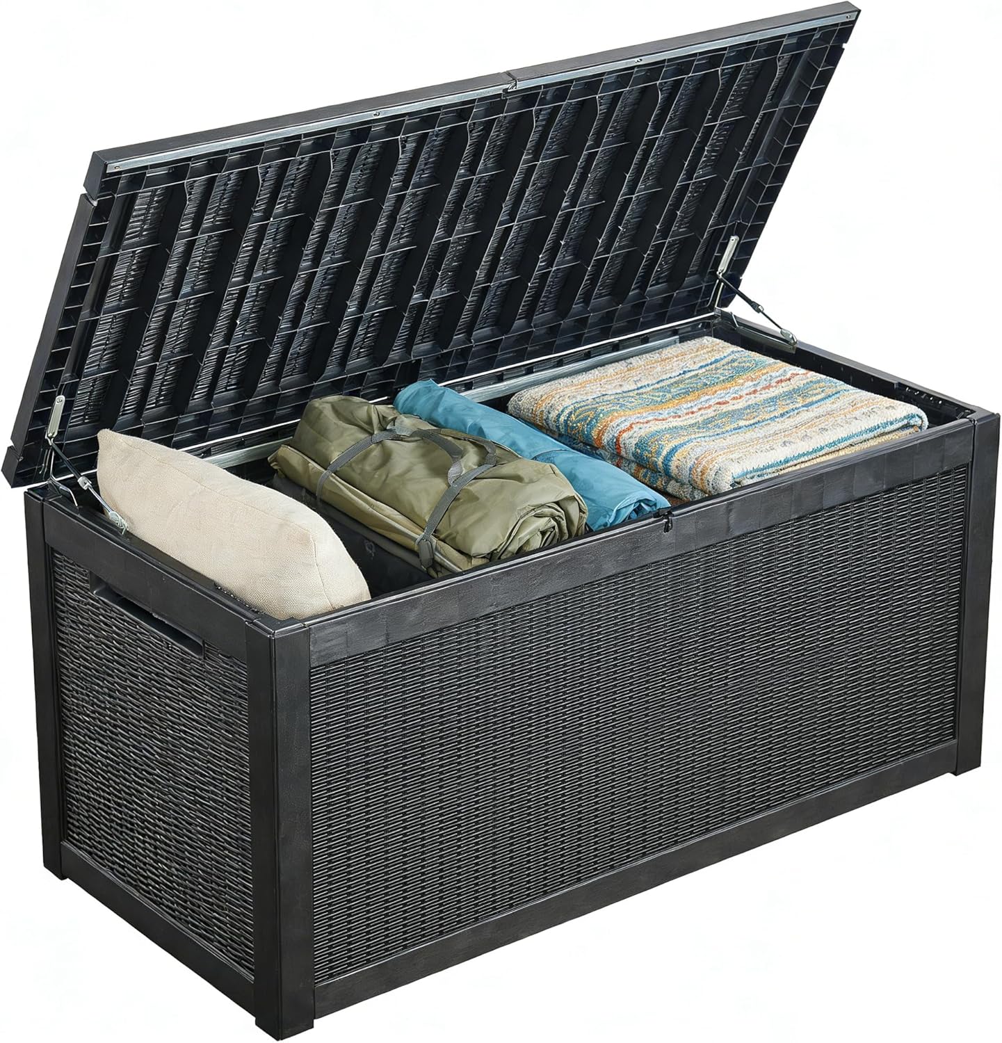 Aweather 118L Rattan Outdoor Storage Box, Plastic Garden Storage Box Patio Outdoor Container Waterproof Parcel Box with Lockable Lid for Patio, Lawn, Backyard