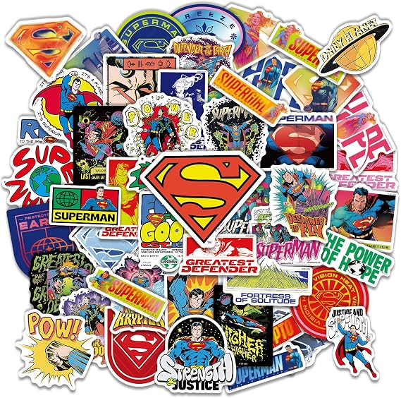 Superman Stickers Pack 50PCS Superhero Vinyl Decals for Kids Teens Adults | Waterproof Sticker Decals for Laptop, Water Bottle, Skateboard, Luggage, Phone, Notebook, Party Favors & Gifts