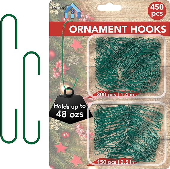 Iconikal 450 Pack Heavy Duty Green Christmas Tree Ornament Hooks 1.4 & 2.5"