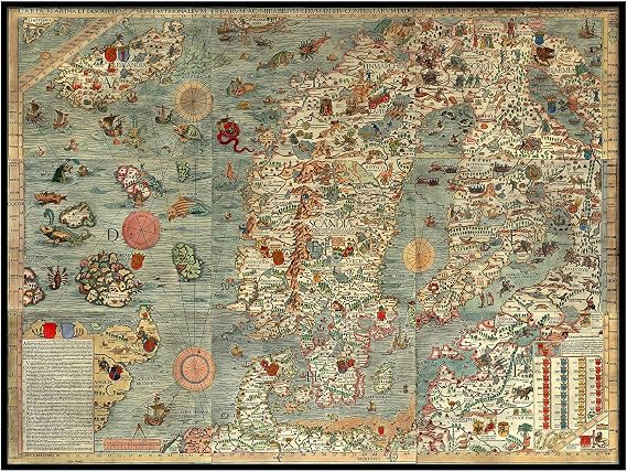 Sea map of a Scandinavia by Olaus Magnus in 1527-39. Carta Marina. Sweden, Denmark, Norway, Iceland and Finland. Antique Reprint