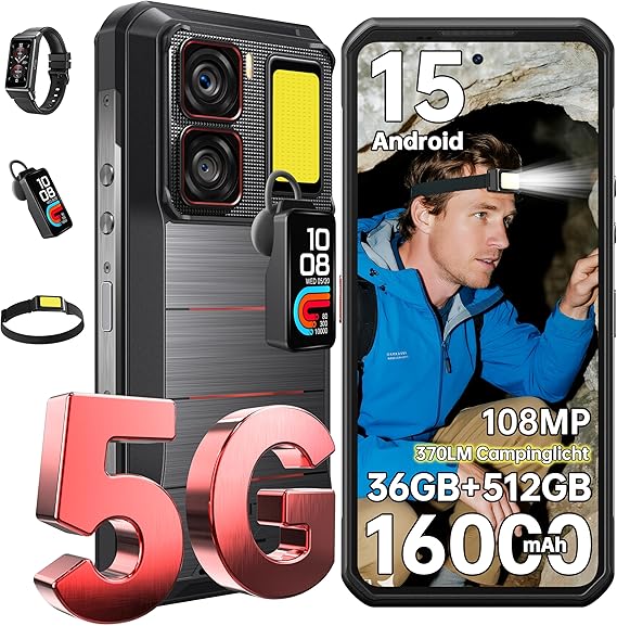 WP300 5G Android 15 Outdoor Handy - 36GB+512GB 16000mAh/45W 108MP+32MP Kamera Outdoor Smartphone 68 Zoll FHD+ 120Hz baustellenhandy/Kopfhörer mit Display/370LM Taschenlampe/IP68/NFC/OTG/GPS