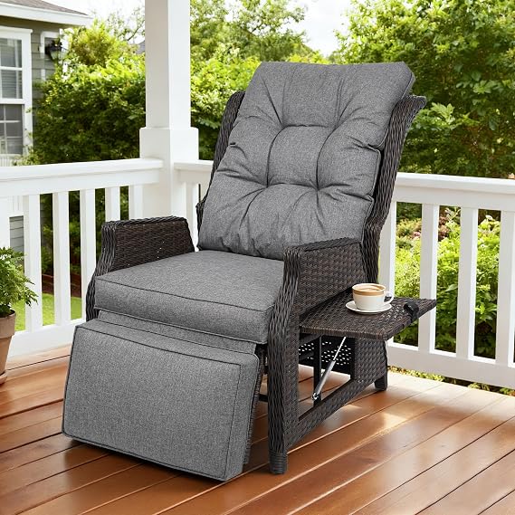 Outdoor Wicker Recliner with Adjustable Back and Footrest,Grey