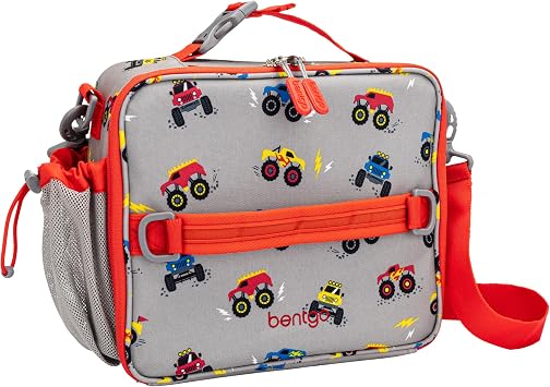 Bentgo Kids Lunch Bag - Double-Insulated, Reusable Lunch Bag for Kids 3+ with Adjustable Strap; Holds Lunch Box/Water Bottle/Snacks; Easy-Clean, Water-Resistant & Pockets (Trucks)