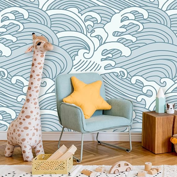 Chinese Waves Peel and Stick Wallpaper | Removable Blue-Gray Mural | Self Adhesive Wallpaper (Sample 12" W x 8" H)