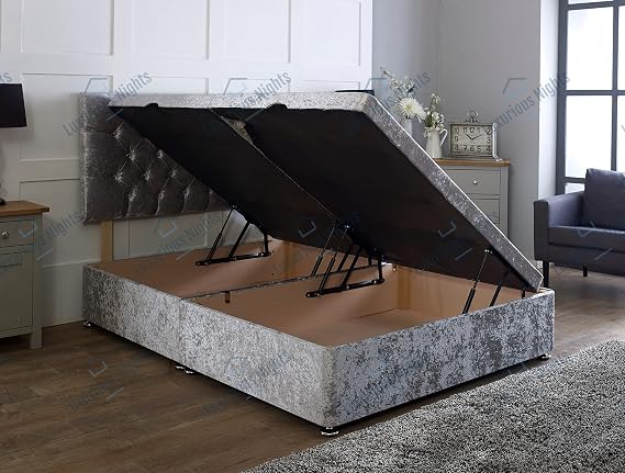 Ottoman Gas Lift Side Open Crushed Velvet Bed (4FT6 Double, Cream)
