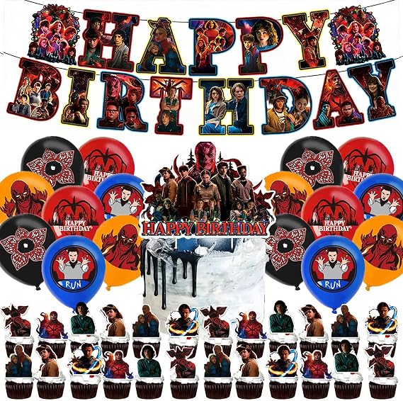 Stranger Th-ings Birthday Decorations Party Supplies Set Banner, Balloons, Cake Cupcake Toppers