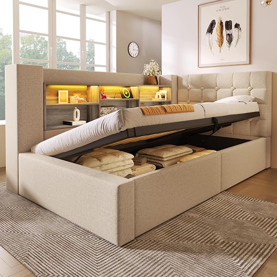 Daybed Upholstered Bed with Storage, 3ft Single Ottoman Bed Frame with LED Lights and Charging Station, Side Lift Up Hydraulic Storage Bed with Solid Wood Slats & Shelves, Linen, Beige, No Mattress