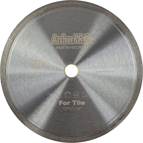 Archer PRO 10" in. Continuous Rim Diamond Blades, Wet Tile Saw Blades for Porcelain or Ceramic Tile Cutting. 1 in. Arbor for use with Cut-Off Saw