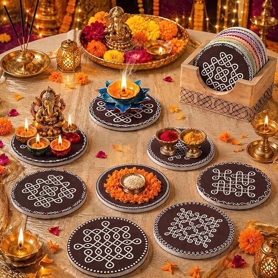 Kolam Trays Indian Return Gifts Ganesh Pooja Chowki, 8 Pcs, Brown