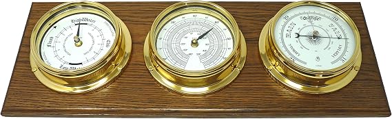 Brass Tide Clock, Traditional Barometer, Thermometer Mounted on a Triple English Oak Mount, Heavy Lacquered Brass (1/2kg Each) Ship Sailing Yacht Boating Clock, Handmade in England