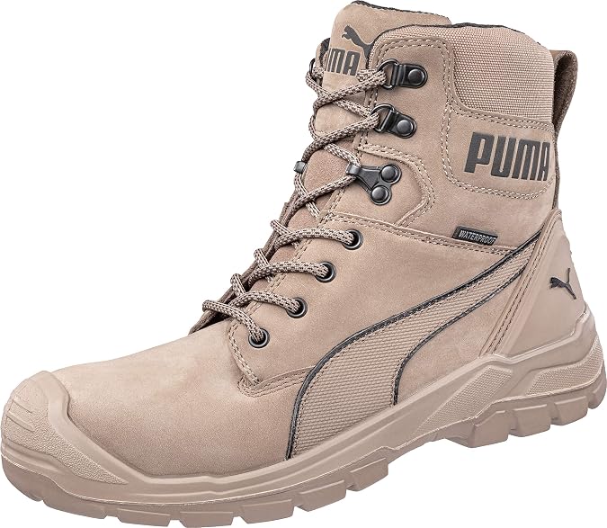 PUMA Safety Conquest Black High Work Boots Safety Boots S3 HRO SRC Fibreglass Cap Penetration Protection Non-Slip Heat Resistant Men, stone, 8 UK