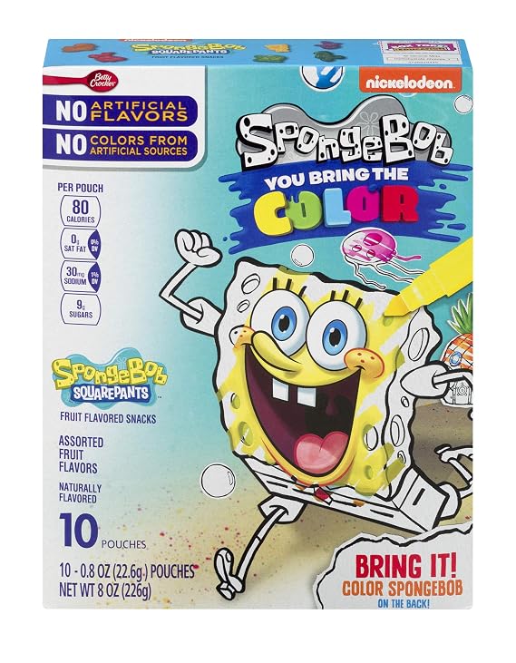 Betty Crocker Fruit Snacks, SpongeBob SquarePants Snacks, 0.8 Ounce - 10 Count (Pack of 1)